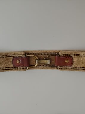 J. Crew Beige Canvas Belt with Brown Leather Tabs and Brass Hardware
